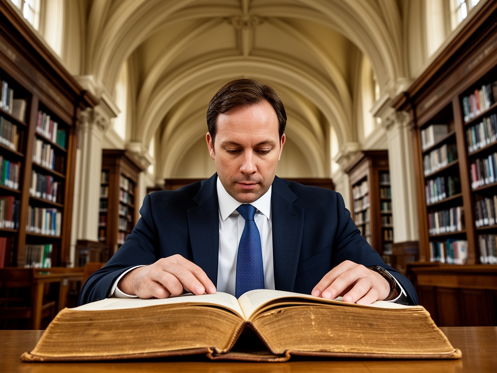 Lecteur absorbé dans un grand livre ancien dans une bibliothèque universitaire aux hauts plafonds voûtés, entouré d'étagères en bois massif remplies de volumes reliés, lumière naturelle provenant de fenêtres hautes
