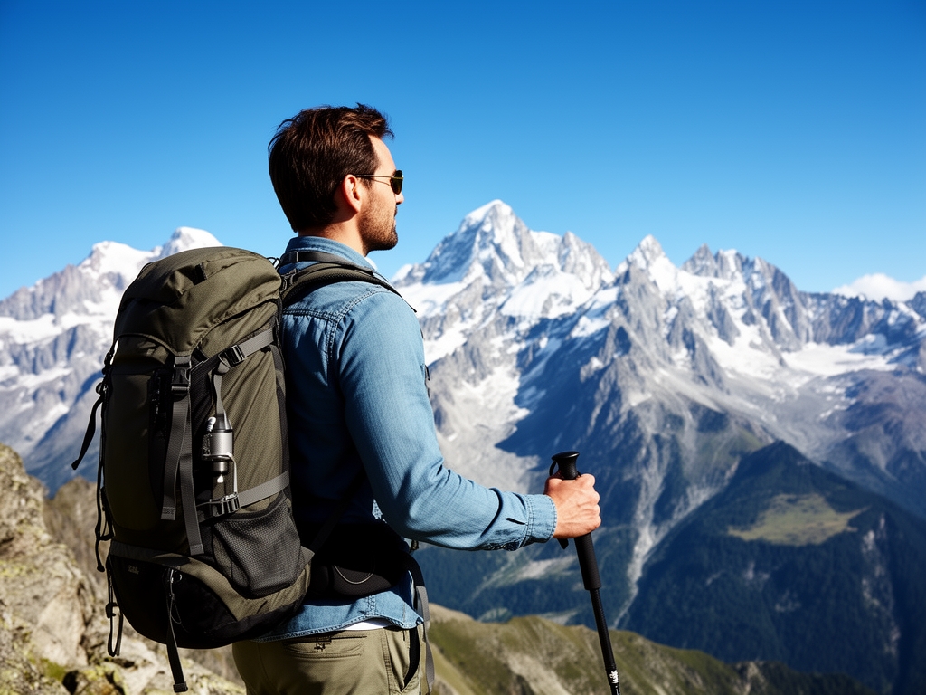 Homme en pleine randonnée en montagne avec un sac à dos, regardant un panorama de pics enneigés sous un ciel bleu limpide, symbole d'endurance et de vitalité naturelle