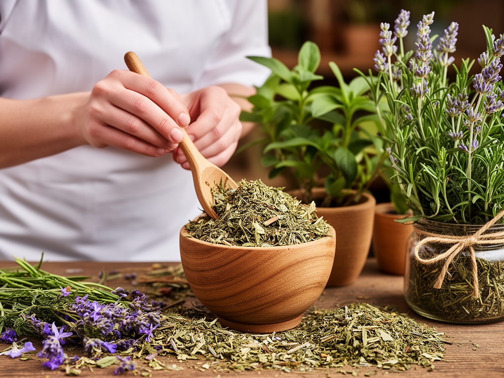 Herboriste préparant des mélanges d'herbes séchées dans une boutique traditionnelle, avec des plantes pendues au plafond et des rangées de bocaux en verre étiquetés sur des étagères en bois