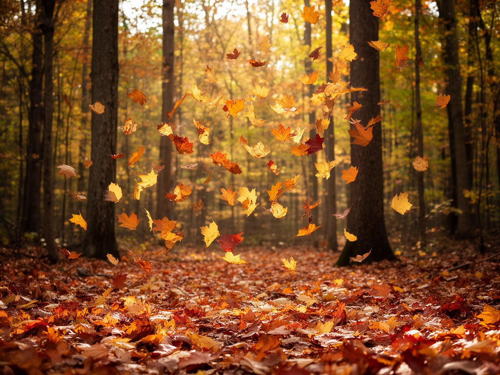 Paysage de forêt en automne avec des feuilles dorées et rousses tombant doucement, représentant la transition saisonnière et l'adaptation de l'organisme