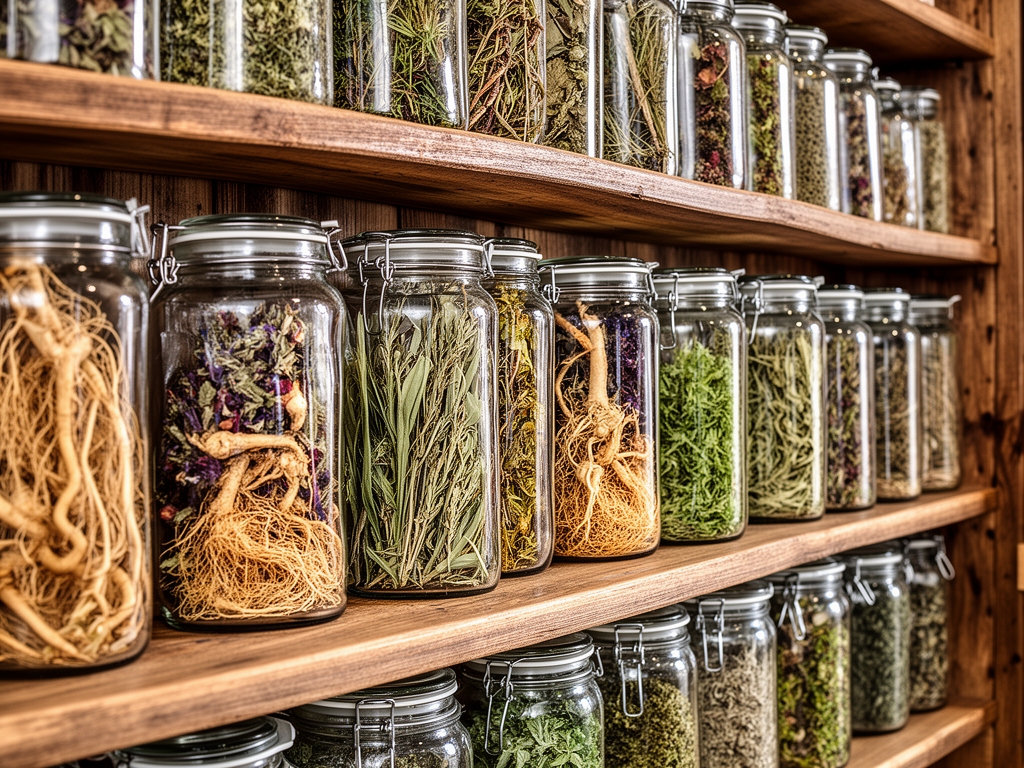 Collection de bocaux en verre remplis de plantes séchées, racines et herbes aromatiques sur des étagères en bois rustique dans une herboristerie traditionnelle