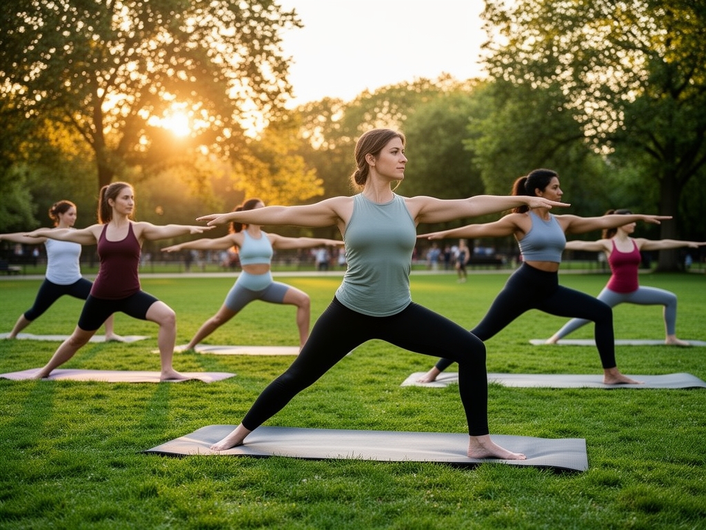 Cours de yoga en plein air avec des participants pratiquant la posture du guerrier dans un parc verdoyant au lever du soleil, ambiance lumineuse et dynamique